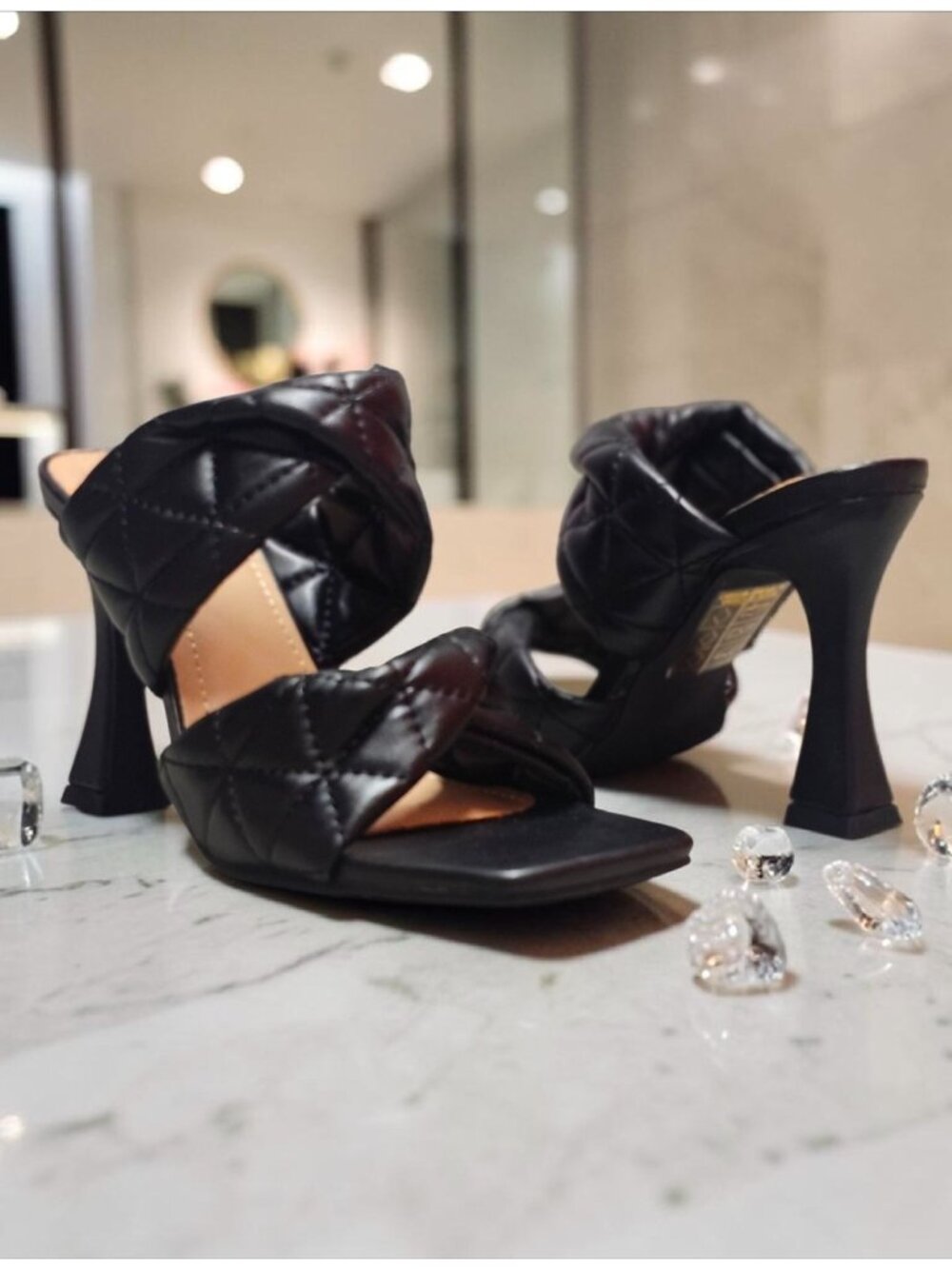 Quilted Black Block Heel Mules With Open Toe & Crossover Straps - LovMarie Women